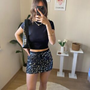 Payet Detaylı Işıltılı Mini Etek – Gri