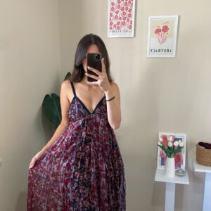 Çiçek Desenli V Yaka Askılı Elbise – Bordo/Mor