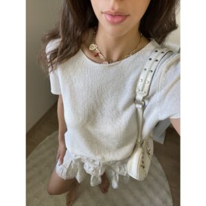 Dokulu Kısa Kollu Triko Bluz